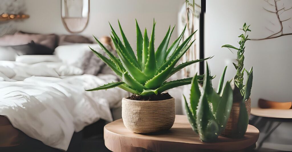 aloe vera plant on a table in a bedroom