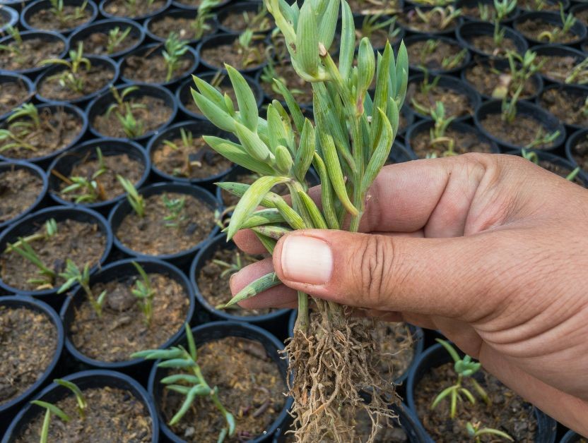 a string of bananas plant with roots in a hand