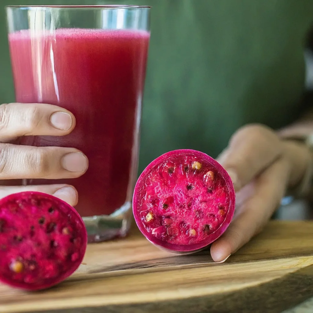 image of hand holding a glass of prickly pear cactus fruit juice